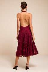Kennia Burgundy 3D Floral Embroidered Halter Midi Dress