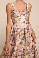Kathani Light Yellow Floral Jacquard Bustier Midi Dress