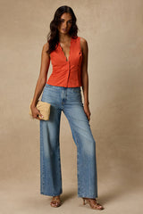 Seasonally Lovely Orange Scalloped Button-Front Poplin Top