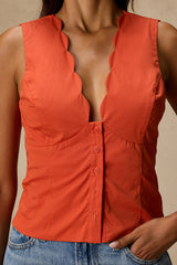 Seasonally Lovely Orange Scalloped Button-Front Poplin Top