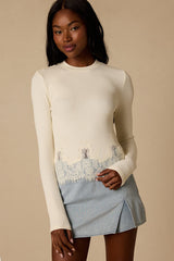 Clarise Ivory Ribbed Knit Lace Long Sleeve Top