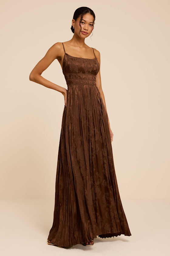 Ashyr Brown Satin Jacquard Pleated Maxi Dress
