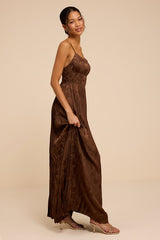Ashyr Brown Satin Jacquard Pleated Maxi Dress