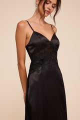Kimberly Black Satin Crochet Lace Slip Midi Dress