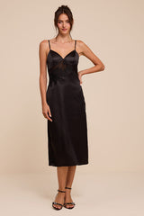 Kimberly Black Satin Crochet Lace Slip Midi Dress