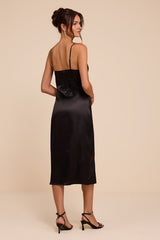 Kimberly Black Satin Crochet Lace Slip Midi Dress