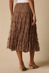 Exceptionally Graceful Tan Lace High-Rise Tiered Midi Skirt