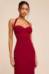 Irisa Wine Red Crepe Knit Column Maxi Dress