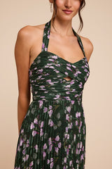 Marlene Dark Green Floral Pleated Halter Maxi Dress