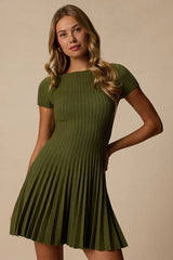 Sarielle Olive Pleated Sweater Mini Dress