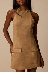 Xandra Tan Suede Halter Mini Dress