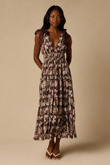 Marmara Brown Multi Floral Textured Midi Dress