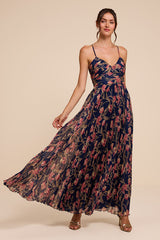Rebena Navy Multi Floral Pleated Maxi Dress
