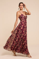 Rebena Plum Multi Floral Pleated Maxi Dress