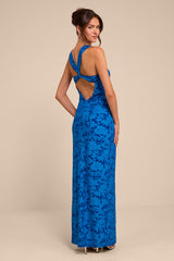 Danette Blue Floral Jacquard Cutout Maxi Dress