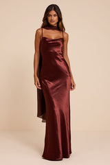Daya Brown Satin Slip Maxi Dress and Scarf Set