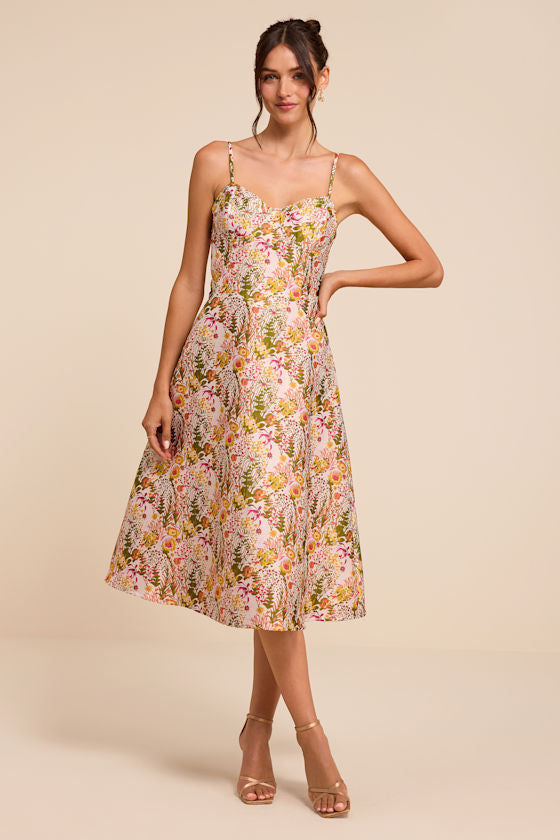 Emmaline Cream Multi Jacquard Lace-Up Midi Dress