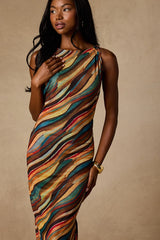 Keiani Orange Multi Print Backless Midi Dress