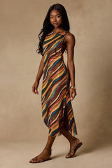 Keiani Orange Multi Print Backless Midi Dress