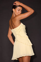 Brylee Butter Yellow Pleated Ruffled Strapless Mini Dress