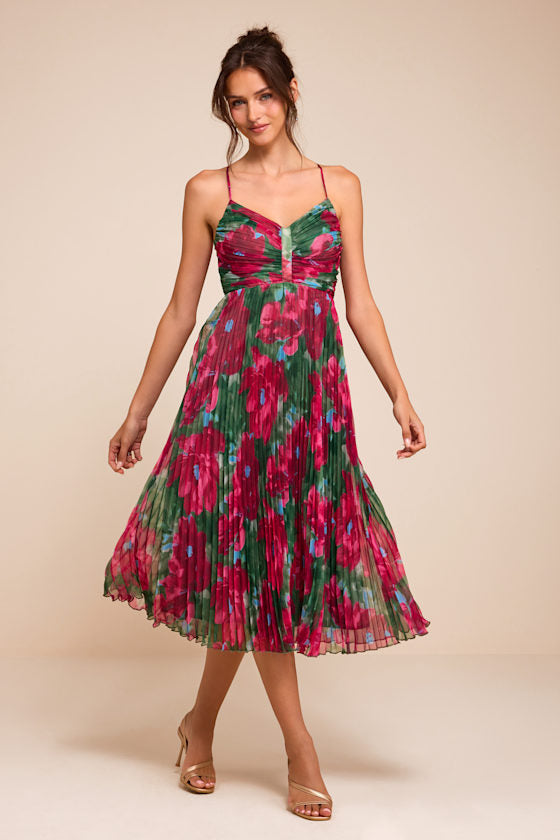 Whitley Green Multi Floral Pleated Sleeveless Midi Dress