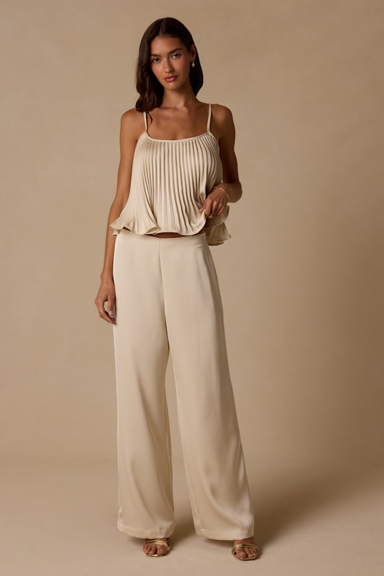 Caspian Cream Satin Wide-Leg Pants