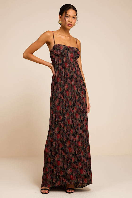 Avi Black Floral Print Pleated Sleeveless Maxi Dress