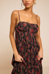 Avi Black Floral Print Pleated Sleeveless Maxi Dress