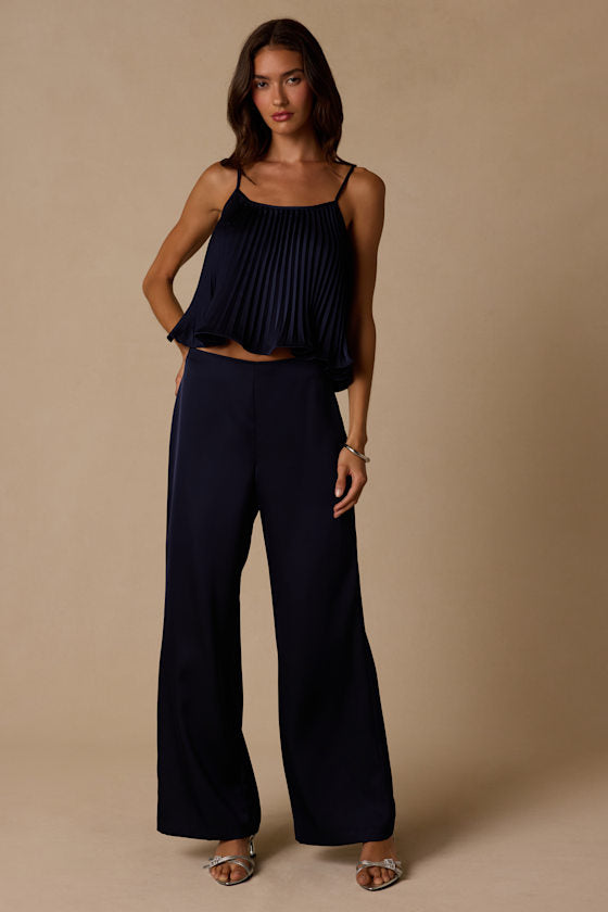 Caspian Navy Satin Wide-Leg Pants