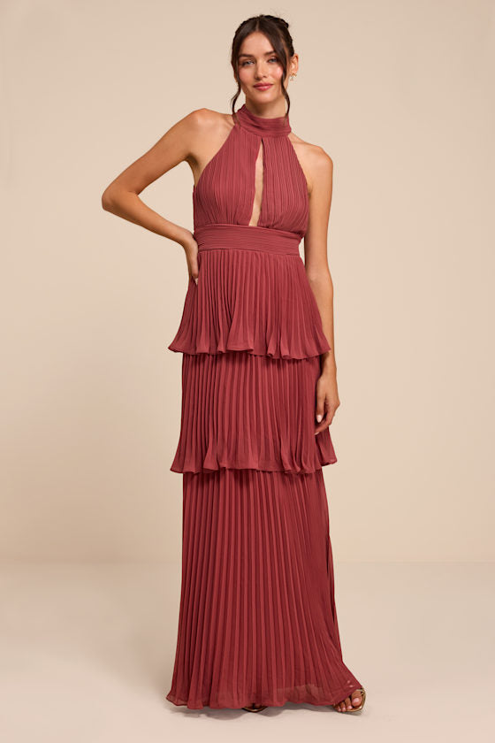 Mavia Rusty Rose Pleated Cutout Tiered Maxi Dress