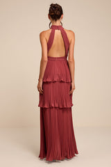 Mavia Rusty Rose Pleated Cutout Tiered Maxi Dress