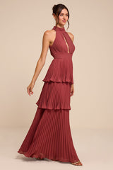 Mavia Rusty Rose Pleated Cutout Tiered Maxi Dress
