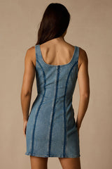 Seamed Zip Medium Wash Denim Mini Dress