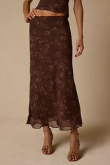 Myette Brown Floral Mesh Midi Skirt