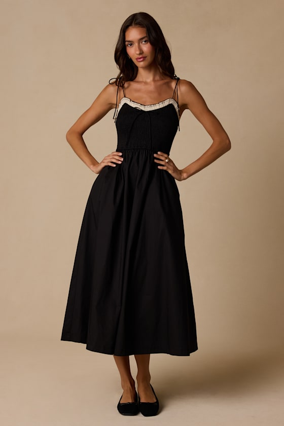 Janey Black Smocked Tie-Strap Midi Dress
