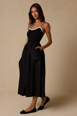 Janey Black Smocked Tie-Strap Midi Dress