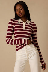 Opal Burgundy and Pink Striped Ribbed Knit Collar Top