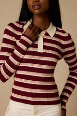 Opal Burgundy and Pink Striped Ribbed Knit Collar Top