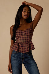 Callen Burgundy Multi Plaid Peplum Top