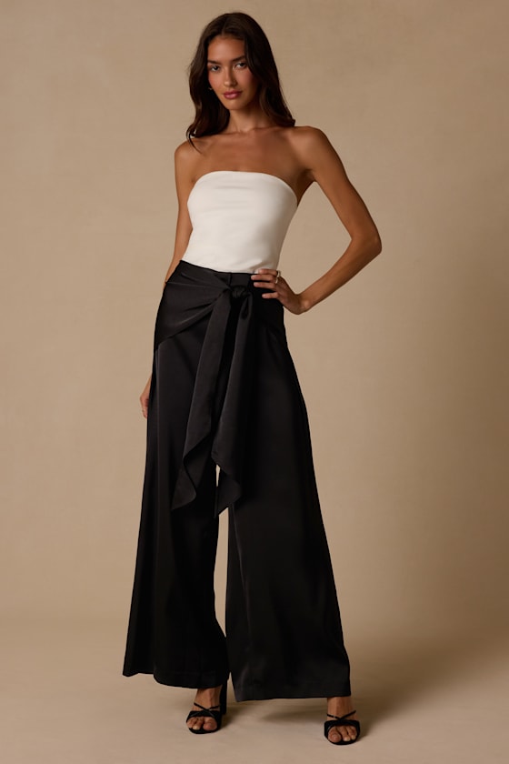 Ivaya Black Satin Sash Wide-Leg Pants