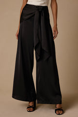 Ivaya Black Satin Sash Wide-Leg Pants