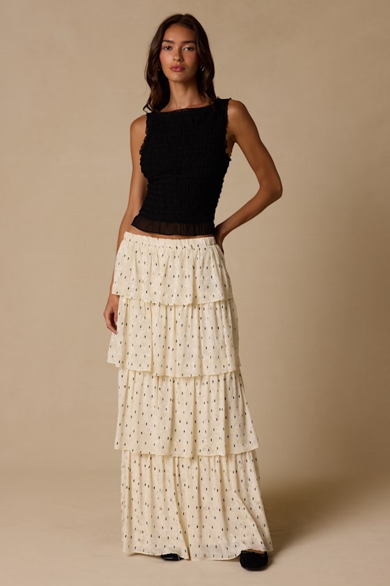 Deedee Ivory Polka Dot Tiered Maxi Skirt