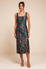 Diani Teal Abstract Jacquard Column Midi Dress