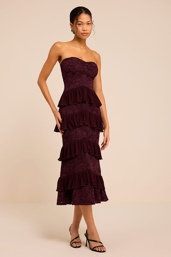 Mariena Plum Lace Tiered Midi Dress