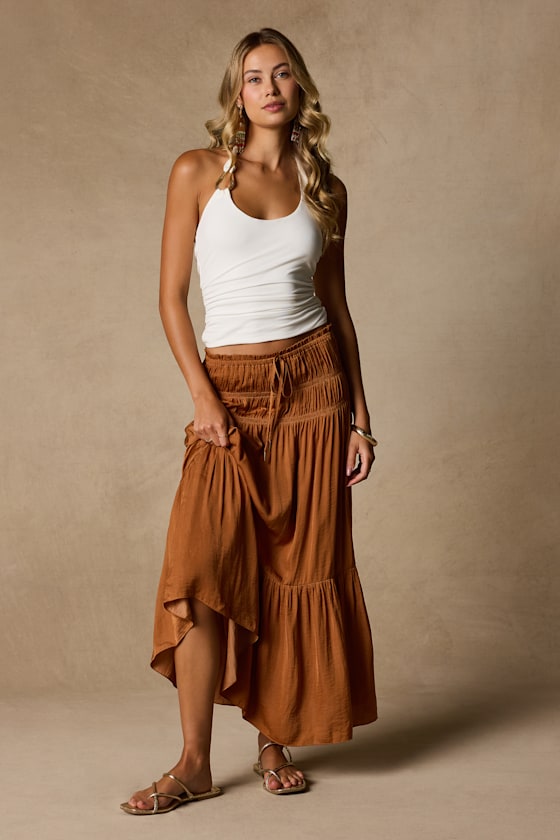 Goldie Light Brown Ruched Midi Skirt