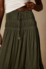 Goldie Olive Green Ruched Midi Skirt