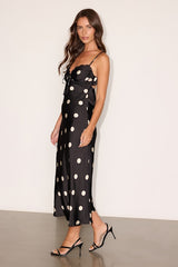 Maxime Black Polka Dot Satin Cowl Back Midi Dress