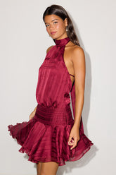 Cass Wine Red Striped Satin Drop Waist Mini Dress