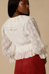 Ethel White Embroidered Ruffled Tie-Front Top