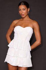 Definite Glamour White Mesh Sequin Bustier Tiered Mini Dress